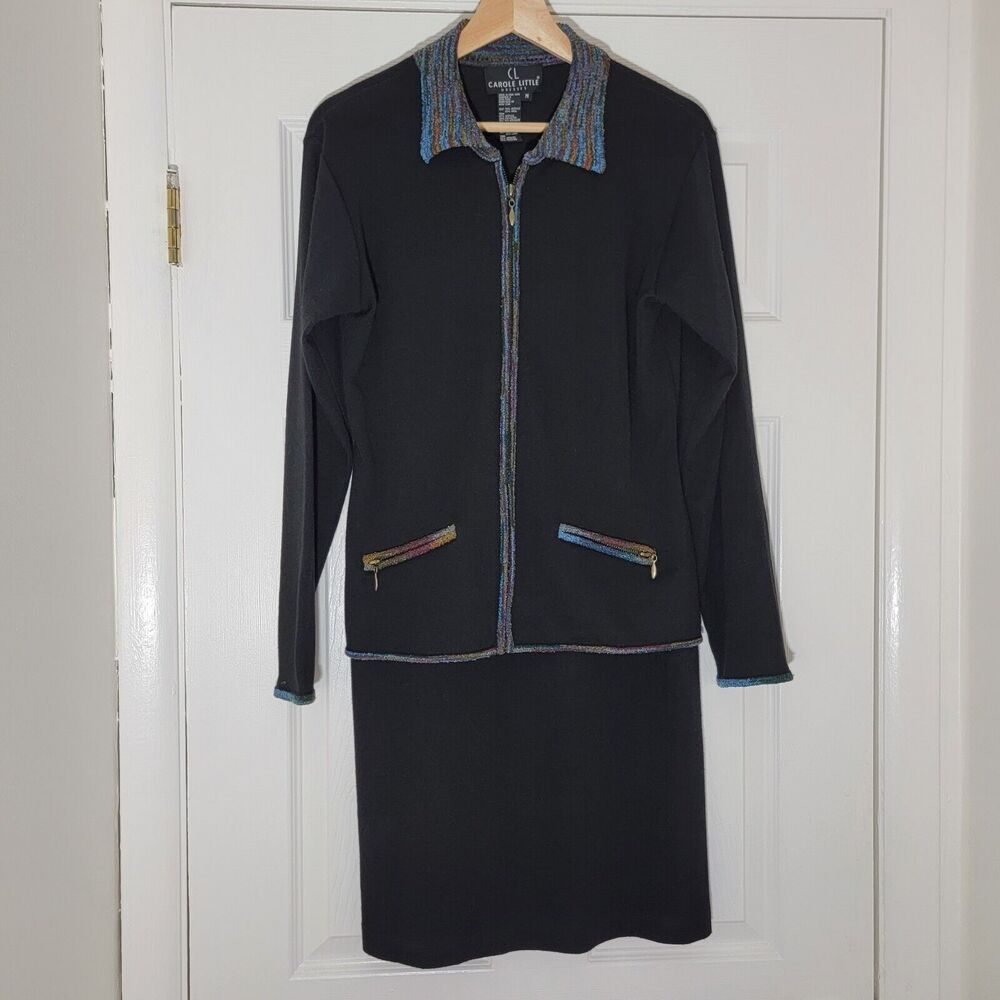 VTG Carole Little Wool Blend KnitJacket Dress Set Black With‎ Multicolor Trim M